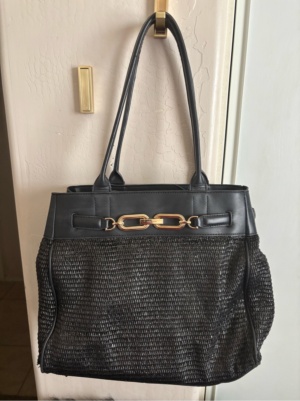 EUC Anne Klein Black Woven Tote Bag with Gold Accent